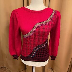 Vintage Anne Crimmins Red/Black Bateau  Neck Puff Sleeve Knit Sweater Size Small